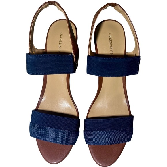 Liz Claiborne Jean Stiletto Sandals Cork Heel Platform Navy Brown Size 10 Medium - Picture 3 of 10